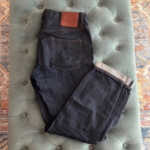 Unbranded button-fly dark wash jeans. Size 34. 14.5oz selvage. Relaxed tapered